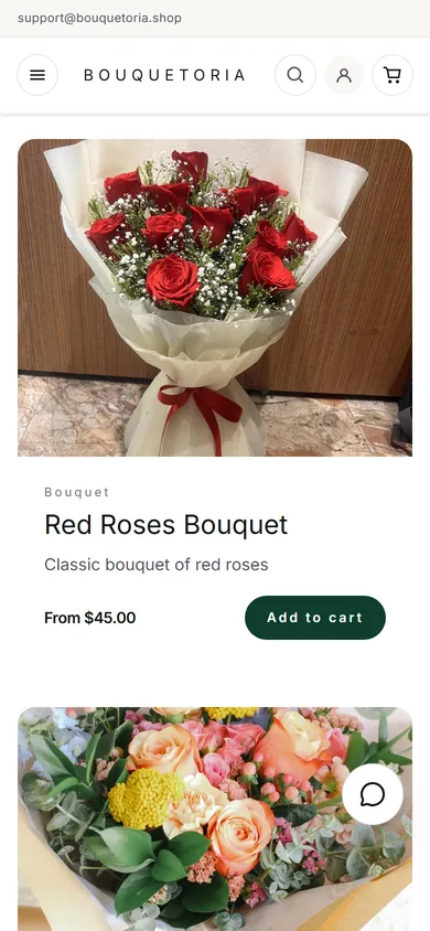 Bouquetoria catalogue on a phone: menu, logo, search, account and cart, then a full-width Red Roses Bouquet card