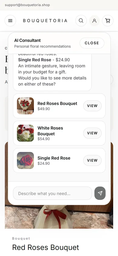 The chat assistant open on a phone, ending its reply with three product cards with photos and View buttons